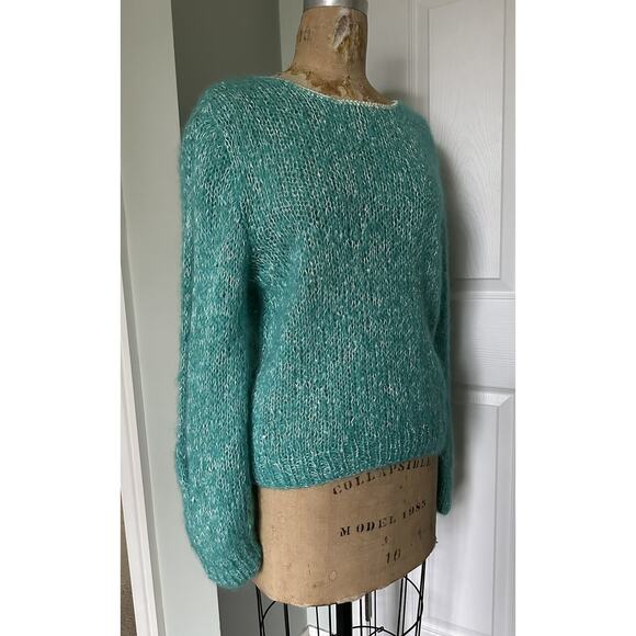 Vintage mohair Blend Sweater Woman Crew Blue Teal Turquoise White Wide Sleeves - Picture 15 of 16